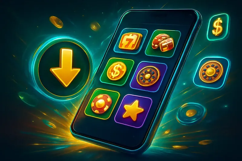 Glossy smartphone casino app banner with neon download icon and glowing tiles