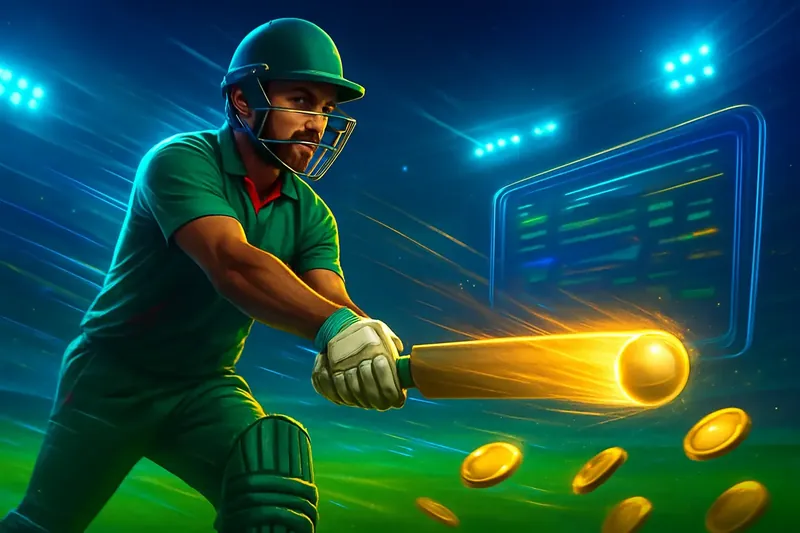 Cricket Sportsbook Action Cricket batter striking ball under stadium lights for sportsbook banner