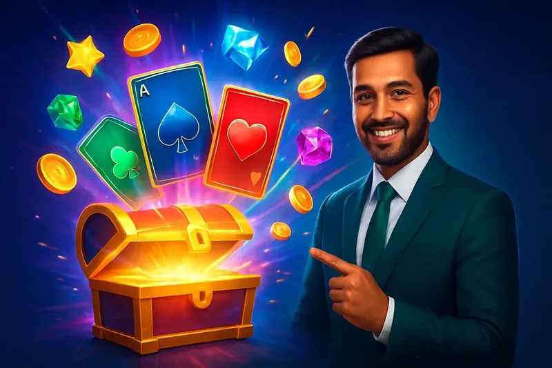 Glowing reward chest with cards, coins, gems, and stars bursting out