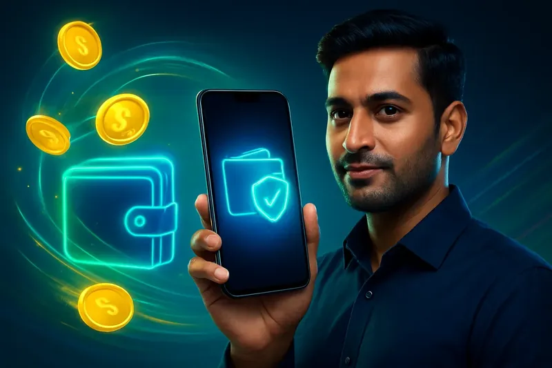 Hand holding smartphone with secure mobile wallet, coins, and speed light trails