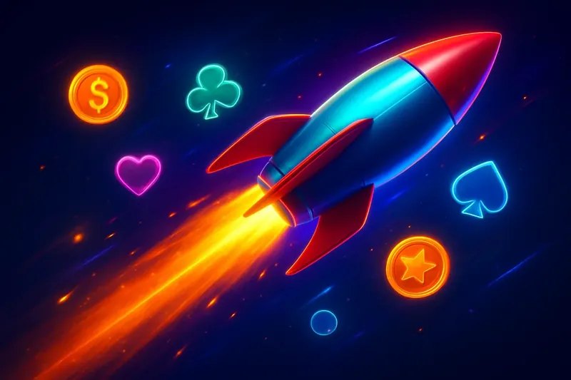 Rocket Speed Launch Glossy rocket launch casino banner with neon trail and game particles