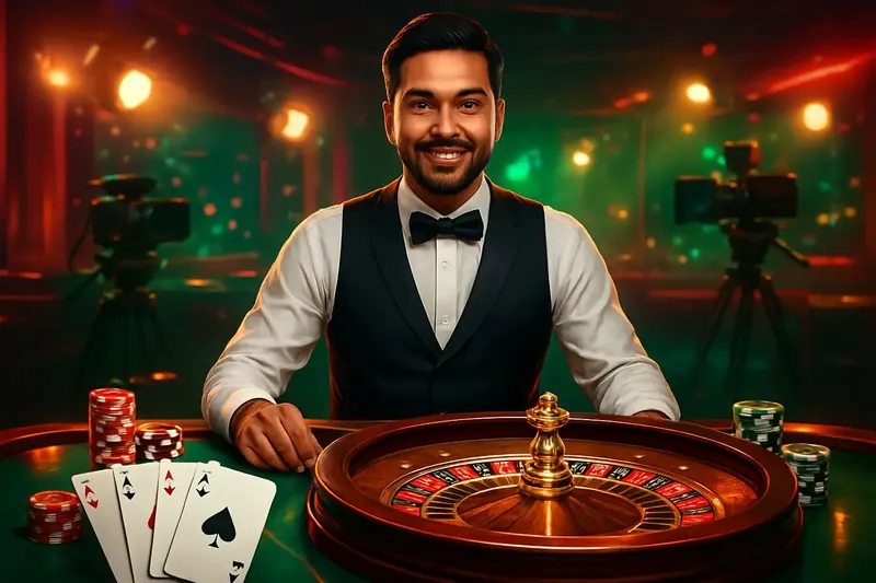 Live Dealer Banner Friendly professional live dealer with roulette, cards, chips, and studio lights