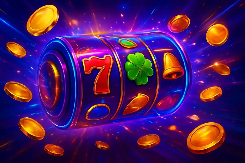 Colorful spinning slot machine reels with coins, sparkles, and neon glow